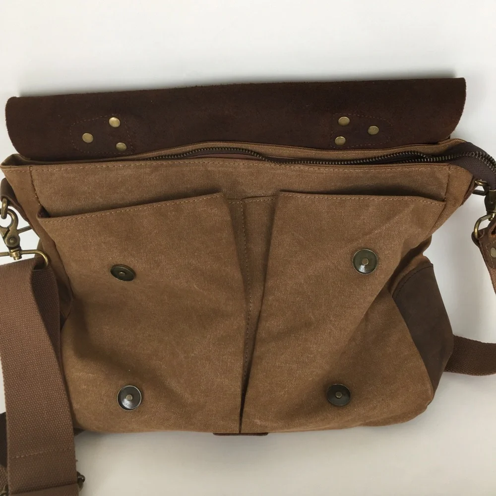 Genuine Leather Brown Canvas Vintage Style Laptop Messenger Bag Satchel